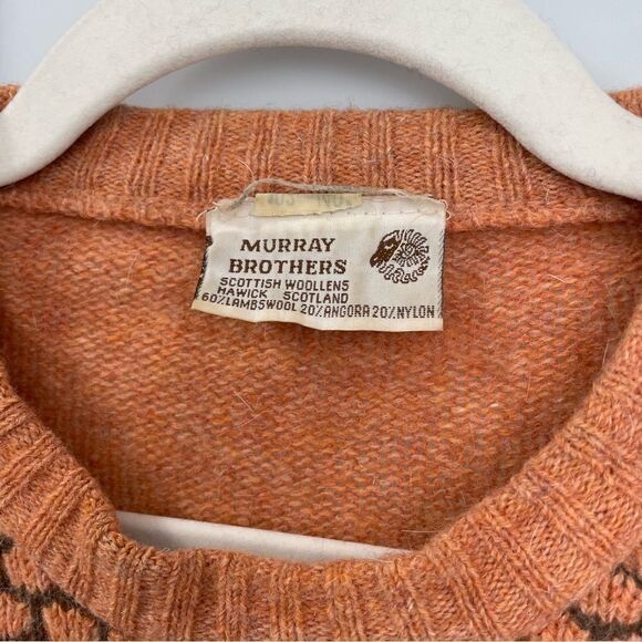 [L] Vintage Murray Brothers Scottish Wool Knit Sweater Orange & Brown 70s Print - Picture 15 of 15